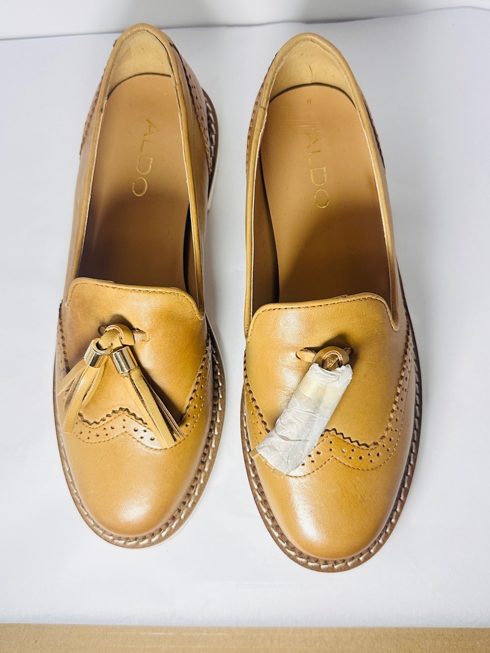 Aldo Women's Tan Leather Tassel Loafers with Brogue Detailing